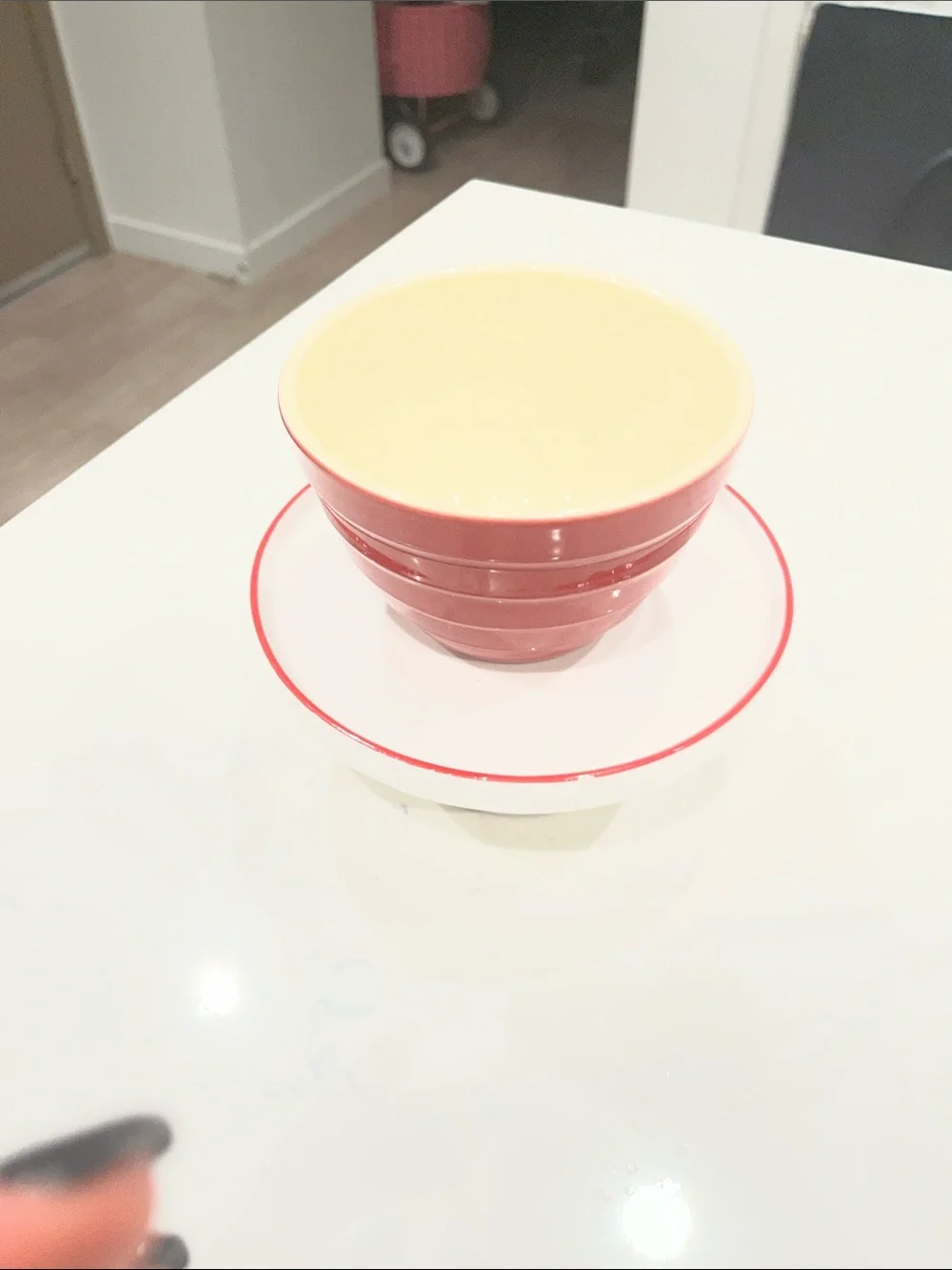 Crate&Barrel Red and Cream Ceramic Bowl with White Pedestal Plate